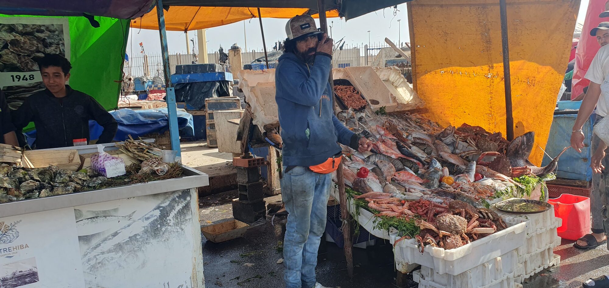 Fischverkäufer an einem Marktstand in Marokko mit frischem Fisch, Krebsen und Meeresfrüchten auf Eis.
